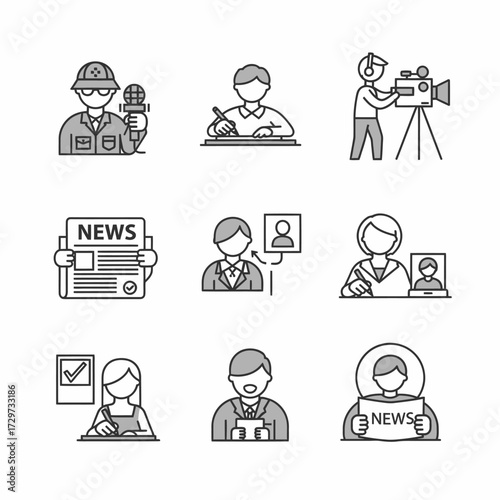 Line art illustration depicting various professions in media and communication fields news press