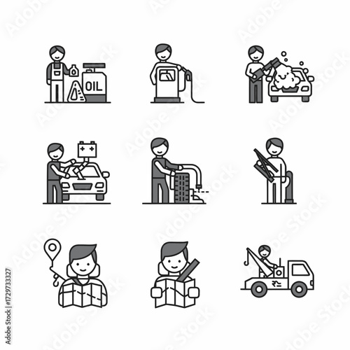 Automotive services line icons collection featuring maintenance repair and roadside assistance
