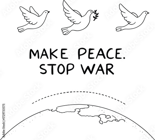 Peace Advocacy Icon Poster – Black and White Vector Illustration of Doves, Earth, and Anti-War Message
