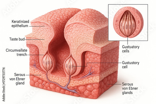 Detailed illustration of a taste bud and its components