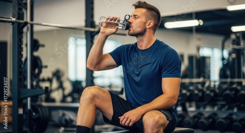 A muscular man in a gym drinking water from a clear plastic bottle.