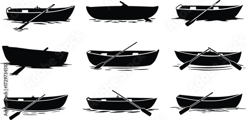 Rowing boat silhouettes, paddle boat vector, wooden fishing vessel, small watercraft illustration, river transport artwork, nautical design, outdoor lake adventure graphic