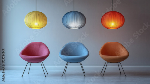 Colorful pendant lamps and chairs in modern room