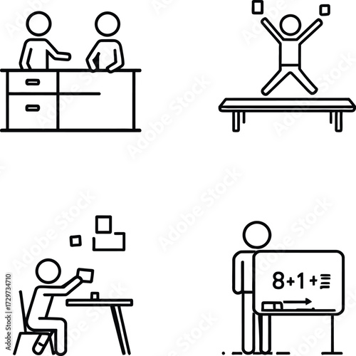 Classroom & Learning Icon Doodle Set – Black and White Vector Illustrations of Education, Play, and Instruction