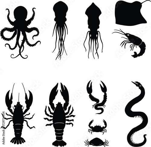 Marine Life Icon Doodle Set – Black Silhouette Vector Illustrations of Sea Creatures, Crustaceans, and Ocean Wildlife