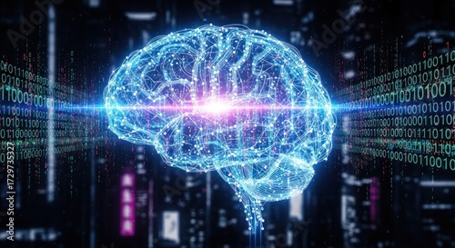 A glowing, digital brain with a glowing, pink light at its center, surrounded by binary code and a cityscape.