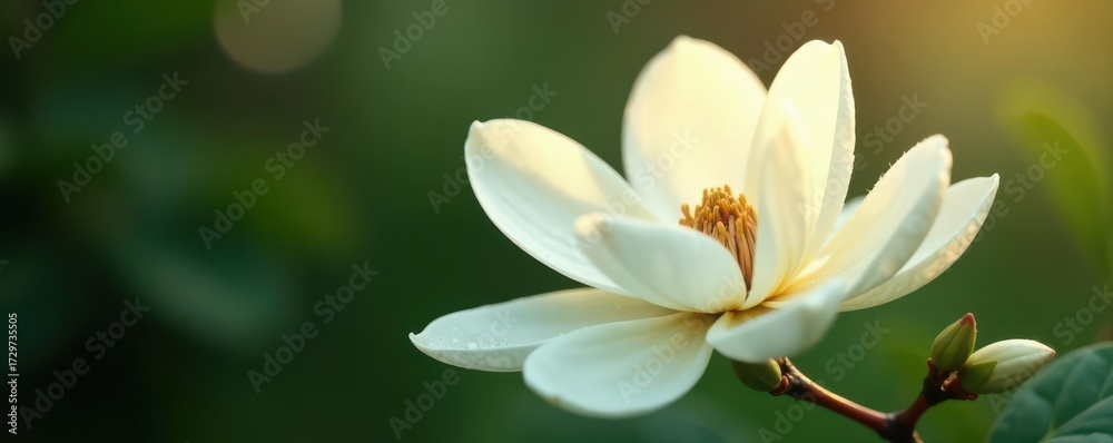 Fototapeta premium Creamy white magnolia, dewdrop clinging to petal edge, serenity, bloom, floral