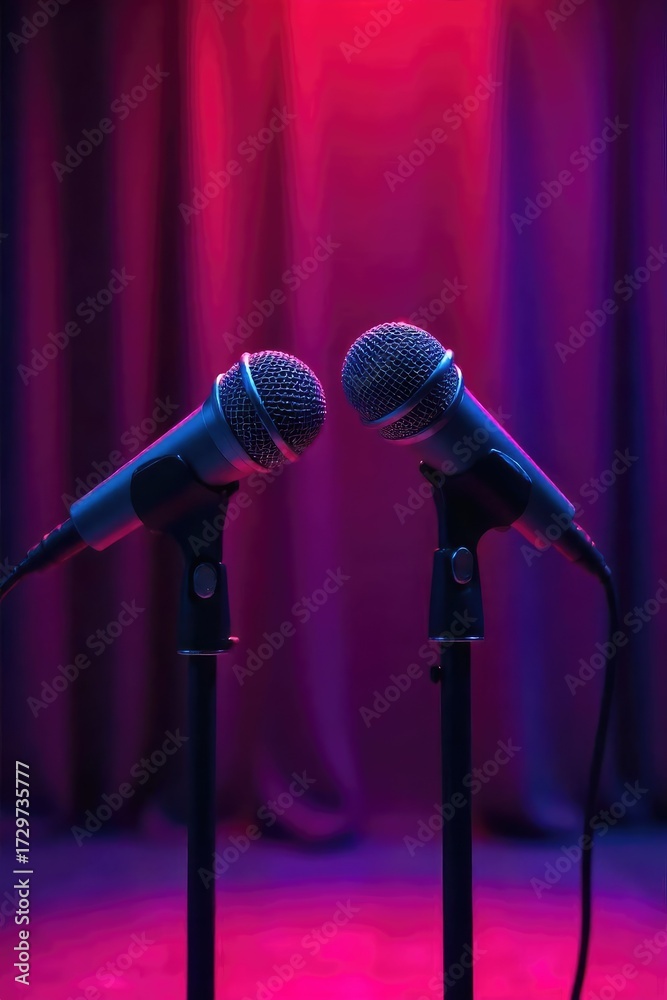 Obraz premium Two Microphones on Stage Collaboration, Partnership, and Dynamic Public Speaking