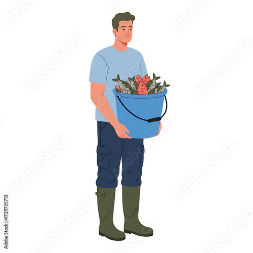 Young Man Holding Bucket Full of Freshly Caught Fish Fishermen Harvest