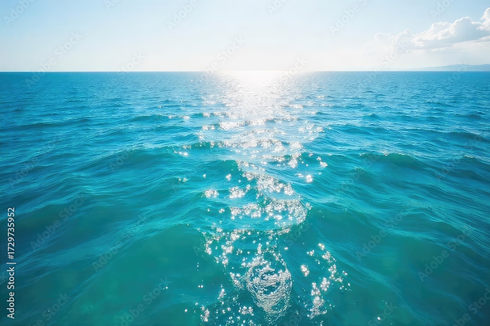 Fototapeta premium Vast, cerulean ocean stretching to the horizon, sunlight shimmering on the waves, a tranquil and serene seascape Perfect for travel, nature, and environmental themes , depth, current, spray