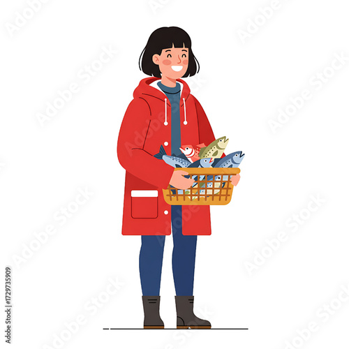 Smiling Fisherwoman Holding Basket of Freshly Caught Fish Illustration
