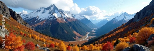 Crisp autumn air, snow-dusted peaks overlook a vibrant valley floor near the Continental Divide , valley, october