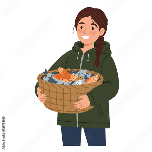 Smiling young woman holding a basket full of fresh fish illustration
