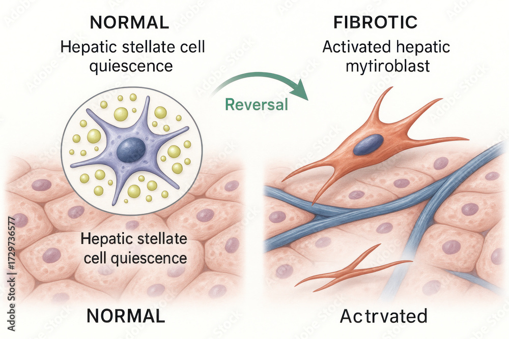 Obraz premium Illustration of Normal vs Fibrotic Liver Cells