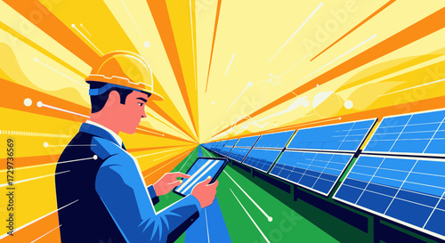 Illustration of an engineer monitoring a solar farm with a tablet, symbolizing the future of renewable energy and technology.