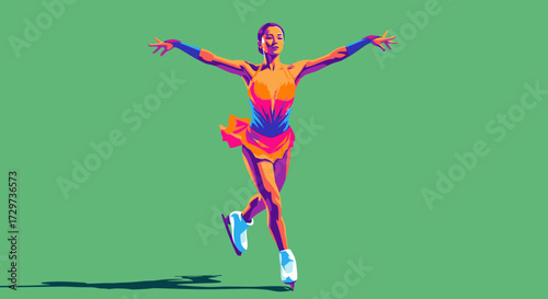 A vibrant, stylized illustration of a female figure skater in a dynamic, graceful pose against a solid green background.