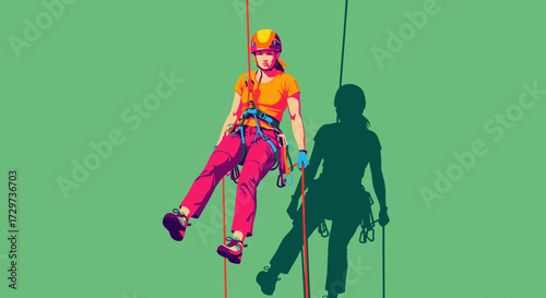 Stylized pop art illustration of a woman in a helmet and harness rappelling down a rope against a green background.