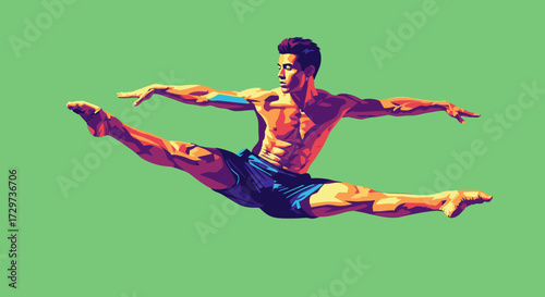 Pop art style illustration of a muscular male dancer performing an athletic split leap against a solid green background.