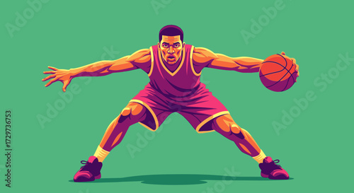 Vector illustration of a muscular male basketball player in a defensive stance, dribbling the ball against a solid green background.