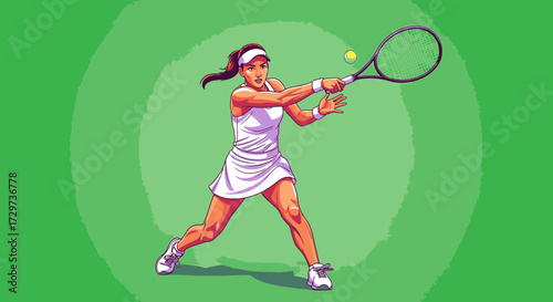 Dynamic illustration of a female tennis player in a white dress hitting a forehand shot with her racquet.