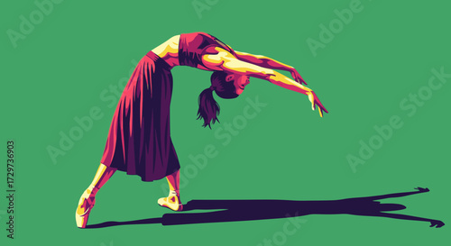 Stylized illustration of a graceful female dancer in a purple dress performing an elegant backbend against a solid green background.