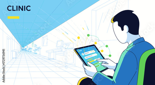 Vector illustration of a patient using a digital tablet for check-in or registration in a modern clinic waiting area.