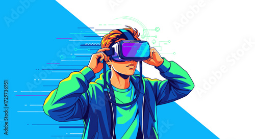 A young man in a hoodie adjusts his virtual reality headset against a dynamic blue and white background.