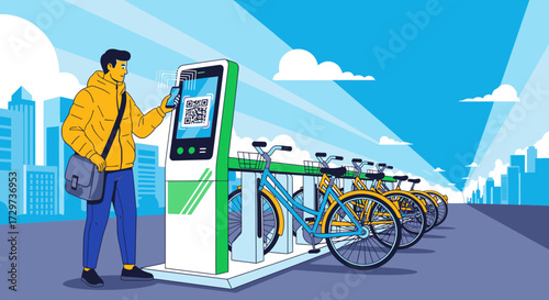A man in a yellow jacket uses his smartphone to scan a QR code and rent a bicycle from a public bike-sharing station in a modern city.