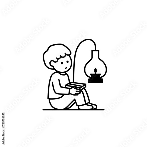 Illustration of boy reading book by oil lamp learning education knowledge study vector graphic design 100char