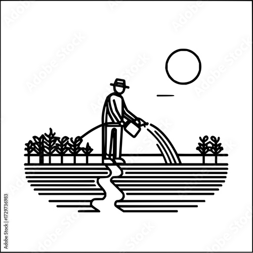 Illustration of farmer watering crops in field with watering can under sun for agriculture concept design