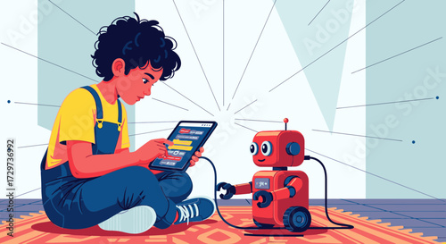 Illustration of a child learning to code by programming a cute red robot with a tablet computer.