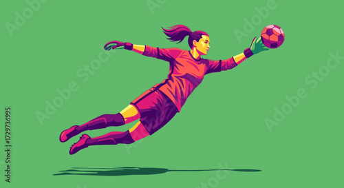 Athletic female soccer goalkeeper in mid-air making a dramatic diving save against a solid green background.