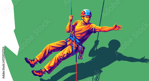 A colorful illustration of a man in a helmet and harness rappelling down a cliff face against a green background.