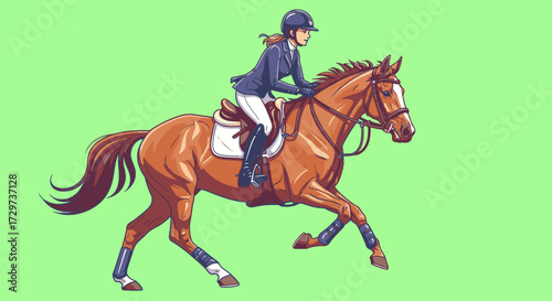 Illustration of a female equestrian in a blue jacket and helmet riding a brown horse against a solid green background.