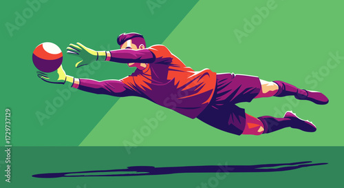 Dynamic illustration of a soccer goalkeeper in a purple jersey making a spectacular diving save against a green background.