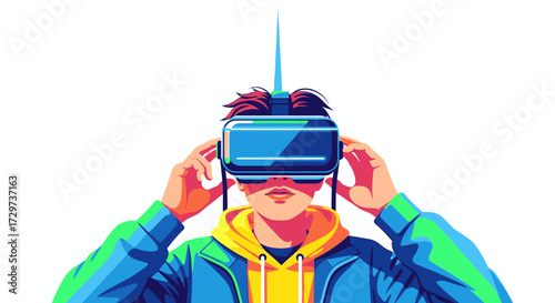 Vibrant illustration of a young person in a colorful jacket putting on a futuristic virtual reality headset.