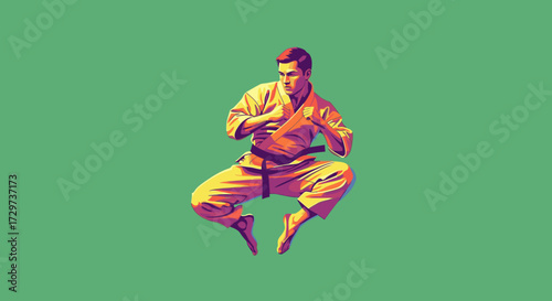 A martial artist in a yellow gi and black belt performs a dynamic jumping pose against a solid green background.