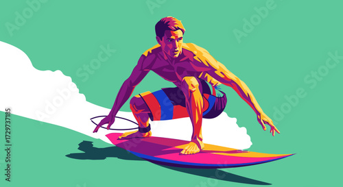 Stylized digital illustration of a male surfer in a low stance riding a wave on a colorful surfboard.