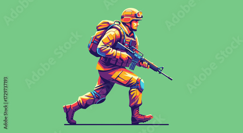 A colorful graphic illustration of a soldier in full combat gear running with a rifle against a green background.