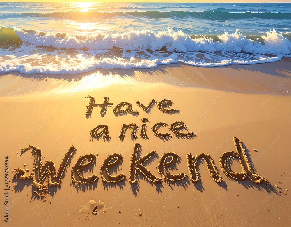 Fototapeta premium Have a Nice Weekend Message Written in Sand on Beach