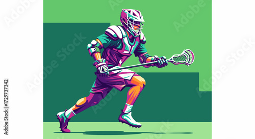 Dynamic illustration of a male lacrosse player in full gear running across a green field.