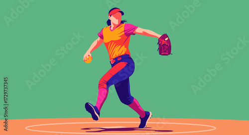A stylized graphic illustration of a female softball pitcher in a colorful uniform throwing a ball.
