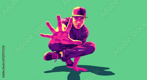 A stylized illustration of a male breakdancer in a dynamic freeze pose against a solid green background.