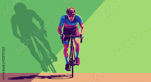 A stylized illustration of a cyclist in full gear, viewed from above, casting a long shadow against a bright green background.