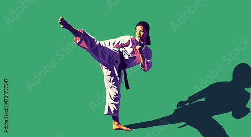 Focused female martial artist in a white gi and black belt executing a powerful high kick against a vibrant green background.