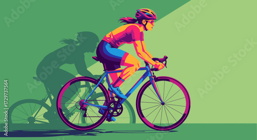 A vibrant illustration of a female cyclist in colorful athletic gear riding a road bike, with her shadow cast against a green background.