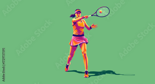 Vibrant graphic illustration of a female tennis player in a pink skirt hitting a forehand shot against a green background.