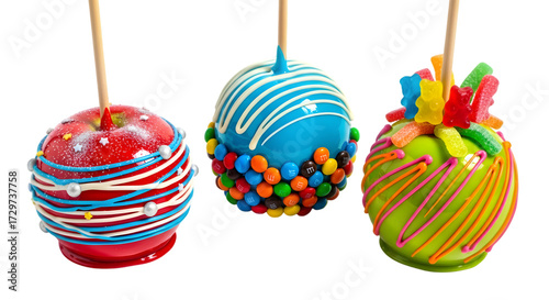 Assorted colorful candy apples with sprinkles and caramel on sticks