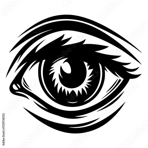 Black and white graphic illustration of a human eye with artistic flair