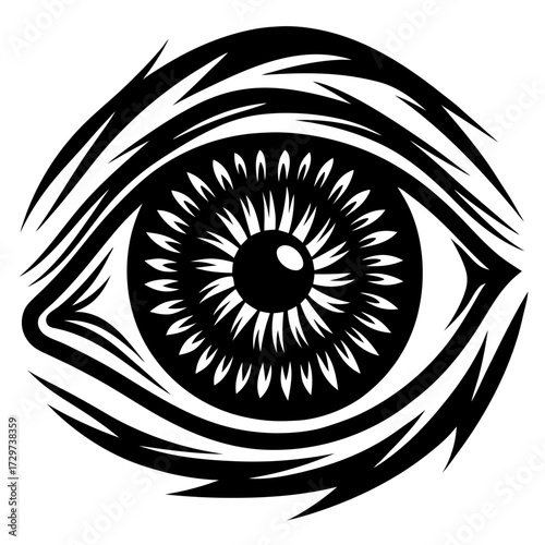 Intense monochrome eye illustration with an abstract organic pattern aesthetic